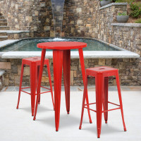 Flash Furniture CH-51080BH-2-30SQST-RED-GG 24" Round Bar Table Set with 2 Square Seat Backless Barstools in Red